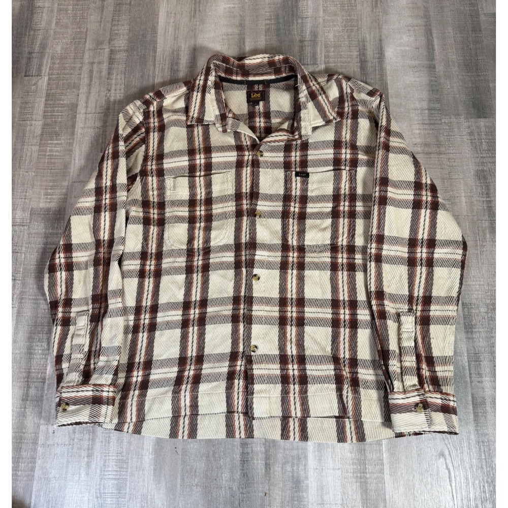 Vintage Lee Mens Plaid Corduroy Long Sleeve Button Up Shirt Cream Brown Large